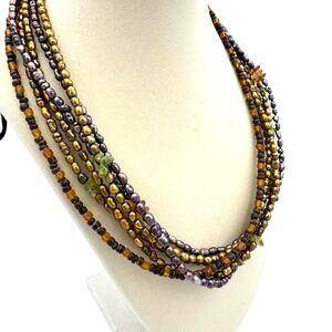 Coldwater Creek Multi Strand Gold Dyed Faux Pearl Seed Bead Wood Cone Necklace